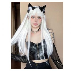 Perruques pour femmes Perruque color&eacute;e air frange cheveux longs et raides bleu ciel blanc violet mode couverture compl&egrave;te de la t&ecirc;te Perruque boucl&eacute;e(White) (liuhfei, neuf)