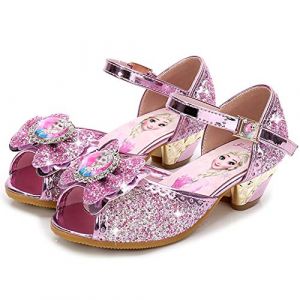 FStory&Winyee Sandales Princesse Enfant Filles Reine des Neiges Bouche Poisson Talons Hauts Chaussures Ballerines Elsa Arc Charmant Doux Cosplay D&eacute;guisement Ceremonie et F&ecirc;tes,Rose,32 (Monissy, neuf)