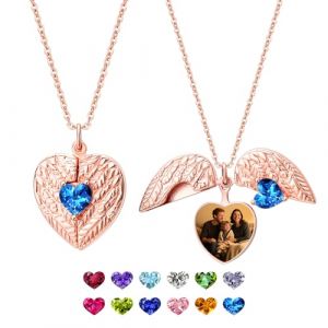 Collier m&eacute;daillon photo personnalis&eacute; avec pierre de naissance en forme de c&oelig;ur pour femme, collier personnalis&eacute; avec pendentif en forme d'ailes d'ange et photo, cadeau pour votre femme ou votre m&egrave;re (Bayboxt, neuf)