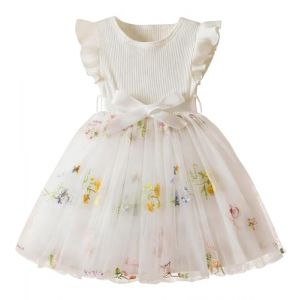 JiAmy Robe arc-en-ciel &agrave; manches longues pour fille - Tricot c&ocirc;tel&eacute; - Robe en tulle arc-en-ciel - Jupe avec ceinture - Pour 1-6 ans, Fleur blanche., 3-4 ans (JiAmy-EU, neuf)