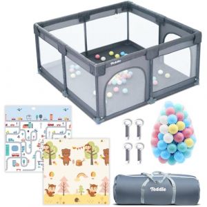 Teddle Parc Bebe &ndash; Tapis de Jeu Double Face Inclus - Modulable avec 50x Balles de Jeu &ndash; 180 x 150 cm &ndash; Parc Bebe Pliable Pour l'Int&eacute;rieur et l'Ext&eacute;rieur &ndash; (Gris, 120x120cm) (The Brand Center B.V., neuf)