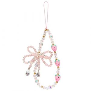 BEEFLYING Bracelet Main Fantaisie Perl&eacute; Charm T&eacute;l&eacute;phone N&oelig;ud Papillon Lani&egrave;re Y2K Fraise en Verre Souffl&eacute; Rose pour Portable Trousseau Sac Appareil Photo Cl&eacute;s (Huizhijia jewelry storefront, neuf)