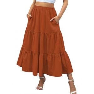 Zeagoo Jupe longue d'&eacute;t&eacute; pour femme - Taille haute - &Eacute;l&eacute;gante - Jupe trap&egrave;ze - Jupe longue d&eacute;contract&eacute;e - Jupe &eacute;lastique avec poches - Tailles S &agrave; XXL, Orange, M (Zeagoo direct, neuf)