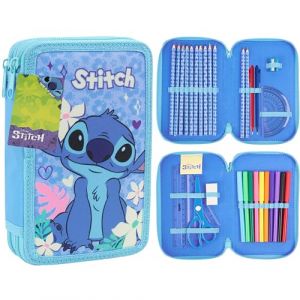 Disney Stitch Trousse Scolaire Fille Garnie de Fournitures Scolaires, Grande Trousse de Coloriage Frozen, Crayons de Couleur, Feutres, Idée Cadeau (Bleu Stitch 2 Compartiment) (Get Trend., neuf)