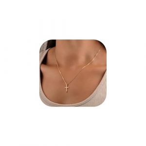 Turandoss Collier en or avec croix pour femme - Collier d&eacute;licat avec pendentif en croix plaqu&eacute; or 14 carats Cadeaux chr&eacute;tiens pour femmes, Laiton (LIZHISP, neuf)