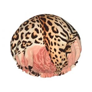 Bonnet de douche réutilisable pour femme - Double couche - Imperméable - Motif léopard rayé - Élastique - Protection des cheveux pour femme - Spa et salon (linhuashanghang, neuf)