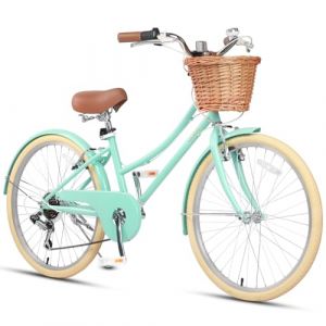 Glerc 24" Fille Cruiser Bike 6-Vitesse Cruiser Women's Hybird vélo pour l'âge de 7 8 9 10 11 Ans avec Panier en Osier. Cadre et Fourche légers, Vert Menthe (BikeJune-EU, neuf)