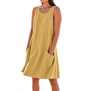 Robe Femme Chic Et Elegant Grande Taille D'&eacute;t&eacute; Robe Lin Fluide Courte sans Manches Vetement Femme Ete Plage Boheme Col Rond Summer Dress Mes Commandes Jaune XXL (⭐⭐⭐⭐⭐DUIGUN（Livraison 5-14 jours）, neuf)