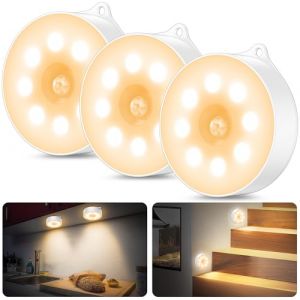 Veilleuse avec d&eacute;tecteur de mouvement, 3 ampoules &agrave; piles AAA, pour voiture, marche/arr&ecirc;t, placard, d&eacute;tecteur de mouvement int&eacute;rieur pour escaliers, chambre &agrave; coucher, cuisine, chambre d&rsquo;enfant (HIKOO, neuf)