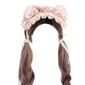 NXSLONE Lolita Coiffe, Bandeau Lolita, Bandeau for Femmes Lolita Large Bandeau en Dentelle Oreilles d'ours Bandeau Accessoires de Cheveux avec Bandeau de Cheveux Arc(Pink Bear Ears Headband) (Morty Bazaar, neuf)