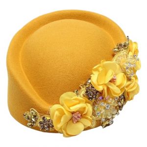 Aislor Femme Vintage Bonnet Beret &Eacute;glise Soiree Cocktail Pour Dame Retro Chapeau Fascinator Bibi Casquette Doux Aux Fleurs D&eacute;coration Jaune Taille unique (Aislor EU, neuf)