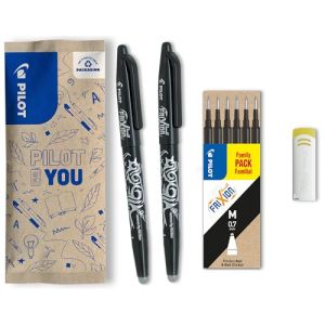 PILOT - Lot de 2 Frixion Ball + 1 sets de 6 recharges + 1 gomme - Stylo effaçable à encre thermosensible - Stylo roller rechargeable fabriqué à partir de plastique recyclé - Noir - Pointe moyenne (Proxima., neuf)