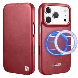 ICARER Coque pour iPhone 17 Pro Max, &Eacute;tui Housse en Cuir V&eacute;ritable avec Fente pour Carte Bo&icirc;tier de Portefeuille Magn&eacute;tique Housse Etui Compatible Mag-Safe Charge pour iPhone 17 Pro Max 6,7-Rouge (BaiNuo UK, neuf)