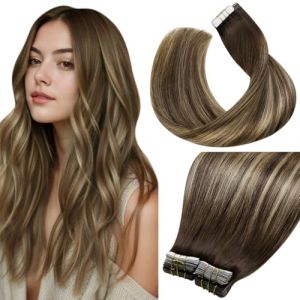 LaaVoo Extension Cheveux Naturel Adhesive Balayage Brun Caramel Dore 100g 40pcs 35cm Extension Adhesive Cheveux Humain Marron Blanc Ombre Lisse #4/27/4 (Laavoo, neuf)
