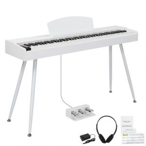 LEADZM Piano Num&eacute;rique 88 Touches avec Support en M&eacute;tal, Clavier Piano Enti&egrave;rement Lest&eacute;, Piano Electrique avec 3 P&eacute;dales, 2 Syst&egrave;mes Bluetooth, Adapt&eacute; aux D&eacute;butants, Blanc (VICTOPV, neuf)