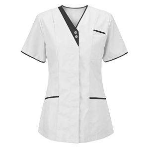 RLEHJN Tunique M&eacute;dicale Femme Col en V Blouse Medicale Femme Banche Manche Courte Uniforme De Travail Blouse Infirmiere Uniforme Femme Tenue Infirmiere Professionnelle Blouse Manches Courtes Femme 1 (⭐⭐⭐⭐⭐RLEHJN, neuf)