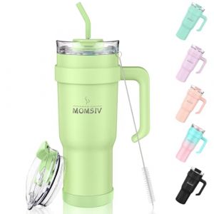 MOMSIV Gobelet de 1100 ml avec poignée et paille, tasse à café isotherme à double paroi en acier inoxydable étanche pour boissons chaudes et glacées, jaune/vert (SHIXUAN FR, neuf)