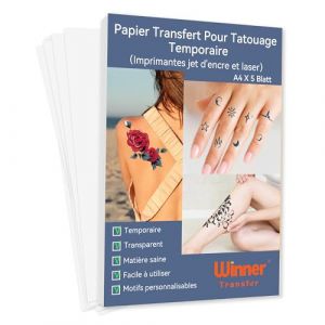 WinnerTransfer A4 x 5 feuilles Papier Transfert pour Tatouage Temporaire Transparent, impression jet d'encre&laser, tatouage personnalis&eacute; lavable et imprimable, DIY d&eacute;calcomie, FR-WT-11-1.0-5 (TransOurdream, neuf)