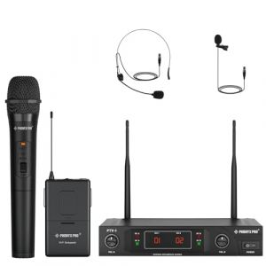 Phenyx Pro Système de microphones sans fil VHF avec 1 microphone à main, 1 casque, 1 micro-cravate, 1 sacoche, signal stable, longue portée, idéal pour les présentations, les églises (PTV-1B) (Phenyx Technology LLC, neuf)