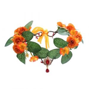 Couronne de fleurs avec cristal - Pour femme - Pour communion, mariage, fée de la forêt - Avec bande réglable - Pour festival, fête, mariage, plage, cosplay - Orange (Whakano, neuf)