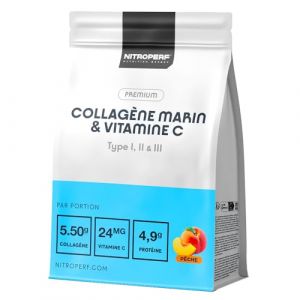 NITROPERF Collagène Marin Types 1 2 3 + Vitamine C 5,5g Collagène Hydrolysé, 4,9g Protéines, 24mg Vit C - Peau, Articulations & Cheveux -180gr en poudre Goût Pêche (Europalamp, neuf)