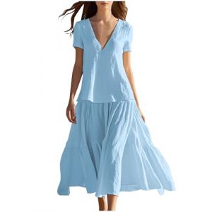 Femme Robe Boheme Chic Coton Lin Manches Longues/Manches Courtes Robe Col V Elegant Robes Swing D'éTé Plage DéContracté Maxi Robes Grande Taille Couleur Unie BohèMe Mi-Longue Dress (HAOLEI  FR, neuf)