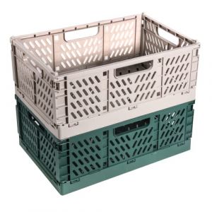 Lot de 2 boîtes pliantes en plastique robustes - Panier de rangement empilable - Pour le rangement de la cuisine, la chambre à coucher, le bureau, le jardin - Gris + vert foncé - 30,5 x 20 x 12 cm (BOJIEDIANZI, neuf)