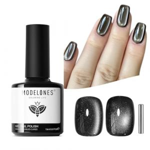 MODELONES Vernis Semi Permanent Noir, 15 ML Vernis Gel UV Semi Permanent Cat Eyes Noir Argent&eacute;, Soak Off UV/LED Vernis &agrave; Ongles Gel Pour Manucure Francaise, Gel Nail Polish Nail Art (MJ BEAUTY, neuf)