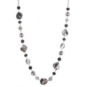FULU AUTUMN Long Collier de Perles en Pierre pour Femmes Collier de Cha&icirc;ne en Argent avec Cristaux de Coquillage Bijoux de Mode Cadeau No&euml;l pour Maman(Black) (FULU AUTNMN-, neuf)