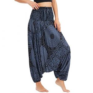 Nuofengkudu Femme Hippie Sarouel Combinaison Pantalon Bretelles Jumpsuit Taille Haute Large Boheme Fleuri Imprimé Leger Grande Thai Yoga Pants Homewear Coloré Ete Plage Roses Noir (better Life, neuf)