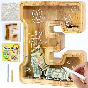 Lakpopya Tirelire en Bois Grande pour Enfant Adulte Tirelire Cochon Personnalisée de Lettres A-Z avec Zone Cible Tirelire Billet Transparente Créative pour Cadeau Décoration Baptême (E) (Never fail, neuf)