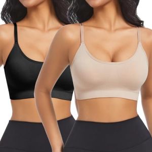 ONEW Soutien-gorge pour femmes sans armatures avec bretelles spaghetti rembourr&eacute; push-up lingerie soutien-gorge yoga bra bustier cami top sans coutures, Noir et beige., M (ONEW2023, neuf)