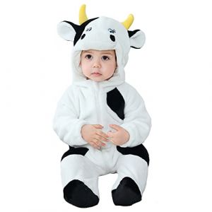 Doladola Bébé Combinaison Pyjama Barboteuse À Capuche pour 0-24 Mois Flanelle Enfant Barboteuse À Capuche Mignon Garçon Fille Pyjama(6-12 mois, vache) (Doladola-FR, neuf)