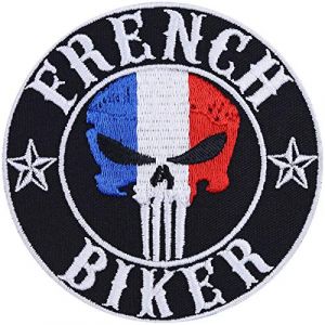 Écusson Thermocollant "Motard Français" Patch Biker Drapeau Français | Patch pour Jeans Cadeau Motard Application pour Accessoires de Moto/Bottes/Valise de Moto | 90x90mm (EXPRESS-STICKEREI, neuf)