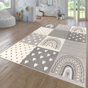 TT Home Tapis Chambre Enfant Bebe Fille Garcon Moderne Arc-en-Ciel Nuage Motif Animal Multicolore, Couleur:Gris Beige, Dimension:133x190 cm (marche-de-tapis, neuf)