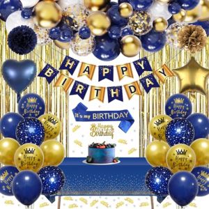 Decoration Anniversaire, Anniversaire D&eacute;corations Or Bleu Ballons Kit Banderole Joyeux Anniv&eacute;rsaire Pom Poms Confetti Echarpe Deco Rideau Nappe Anniv&eacute;rsaire pour Homme Femme (ChangLeLiFei, neuf)