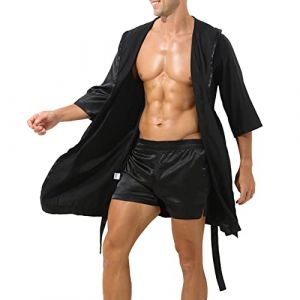 Robe de chambre kimono en satin pour homme - Confortable - Col en V - Robe de sauna avec ceinture - V&ecirc;tement de nuit sexy - V&ecirc;tement de nuit - Costume de maison - Peignoir court et l&eacute;ger en satin, (雪慧小店, neuf)