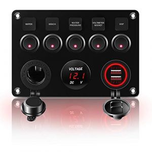 KAOLALI Interrupteur à Bascule 5 Gang LED ON-OFF Marine Panneau D'allumage Étanche IP65 Double Chargeur USB Prise Allume-Cigare 12V 24V pour Bateau Camping-Car Camion Remorque Yacht (Rouge) (GELPARTS, neuf)