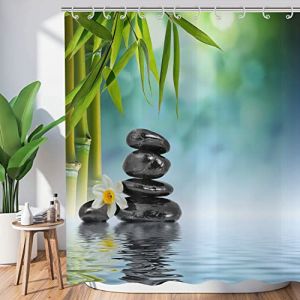 Hnmdmyi Rideau de Douche Zen Jardin 180x200, Spa Bambou Vert Pierre Noire Fleur Blanche Rideau de Baignoire Méditation Japonaise Détente Tissu étanche Lavable Rideau de Bain avec Crochets (Hnmdmyi, neuf)