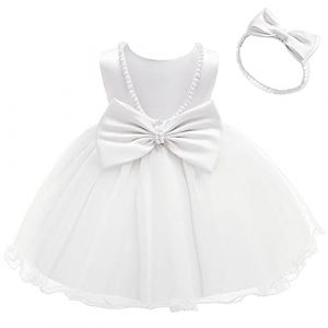 IWEMEK Enfants Bébé Filles Perlée Dos Nu Bowknot Tutu Robe De Princesse + Bandeau sans Manches Première Communion Robe de fête d'anniversaire Baptême Demoiselle d'honneur Mariage Blanc 18-24 Mois (IWEMEK, neuf)