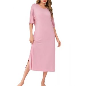 Wikoan Chemise de Nuit Ete Chemise de Nuit Longue pour Femmes Grande Taille Chemise de Nuits Manches Courtes V&ecirc;tements de Nuit Femme avec Poches Rose L (Wikoan Direct, neuf)