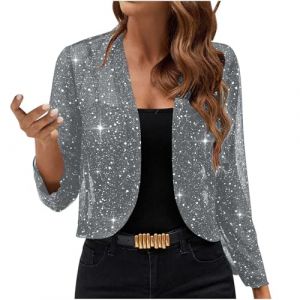 NZYIHAO Cardigan &agrave; paillettes pour femme - Court - Ouvert - Manches longues - Bol&eacute;ro fin et &eacute;l&eacute;gant - Sans boutons - Veste bol&eacute;ro en maille fine - Veste de transition, gris, XL (JCRZZ, neuf)