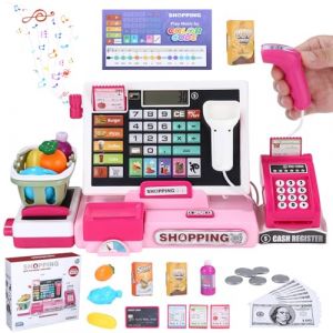 heuchaey Jouet Caisse Enregistreuse pour Enfants, Marchande Enfant avec Vraie Calculatrice, Scanner, Carte cr&eacute;dit, Panier, Jeu de R&ocirc;le pour Fille de 3+ Ans, Rose (FLORA ISA, neuf)