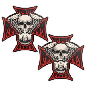 Biomar Labs&reg; Lot de 2 autocollants en vinyle pour voiture, moto, v&eacute;lo, casque, fen&ecirc;tre, tuning, croix, t&ecirc;te de mort, feu B 47 (Biomar Labs&reg;, neuf)