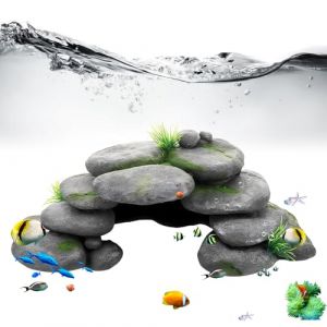 GOEDCH Grotte d'aquarium : grotte d&eacute;corative d'aquarium avec herbe verte, grotte rocheuse Rock Cave D&eacute;coration Pierres, tortues Accessoires pour reptiles, cachette en r&eacute;sine haute montagne, pour (YINPLQ, neuf)