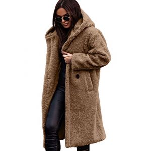 Osheoiso Femme Manteaux à Capuche Casual Chaud Peluche Oversize Longues Veste Cardigan Sweat de Noël Manches Longues Veste Couleur Unie Grande Taille B Chameau S (Osheoiso Inc., neuf)