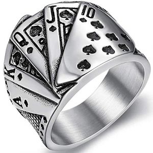 Bague Quinte royale pour homme, Anneau de cartes de poker, Anneaux de cartes &agrave; jouer, Bague de Poker Quinte royale Piques pour hommes, Bague porte-bonheur amulette, Bijoux de poker pour hommes (54) (PikaLF, neuf)