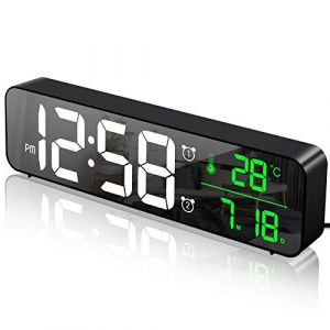 MOSUO Réveil Numérique, Horloge Murale Réveil Matin LED Digital Miroir Grand Ecran avec Température Date, 2 Alarme, 40 Musique, 6 Luminosité Variable, USB Clock pour Maison Bureau, Noir (CAVALLOVOLA, neuf)