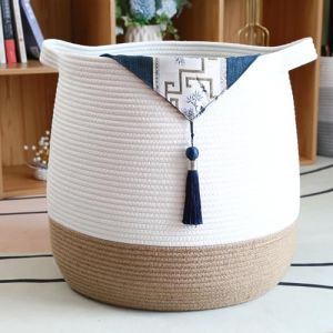 Lauatiiu Grand panier en corde de coton, panier de rangement tiss&eacute; pour jouets, organisateur de linge et de couvertures, panier cadeau rond avec poign&eacute;es pour chambre d'enfant D45 x H43 cm (Lin brun (YITONGMEI, neuf)