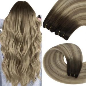 YoungSee Extension Cheveux Naturel Tissage Balayage Tissage Cheveux Naturels Brun avec Blond 50cm Tissages Naturel Humain Lisse Droit Brun Balayage Blond Weft Hair Extensions 100g #3/8/22 (YoungSee Europe, neuf)